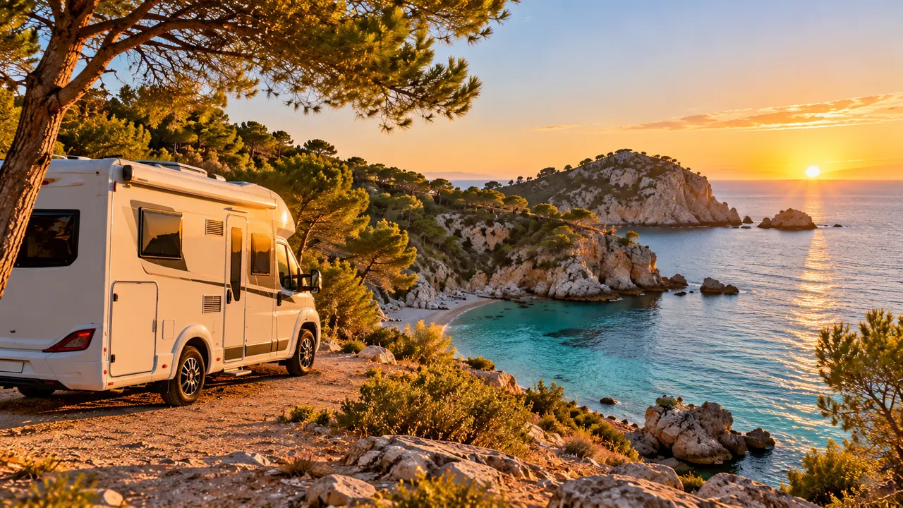 Wohnmobil an einer Mittelmeerbucht bei Sonnenaufgang