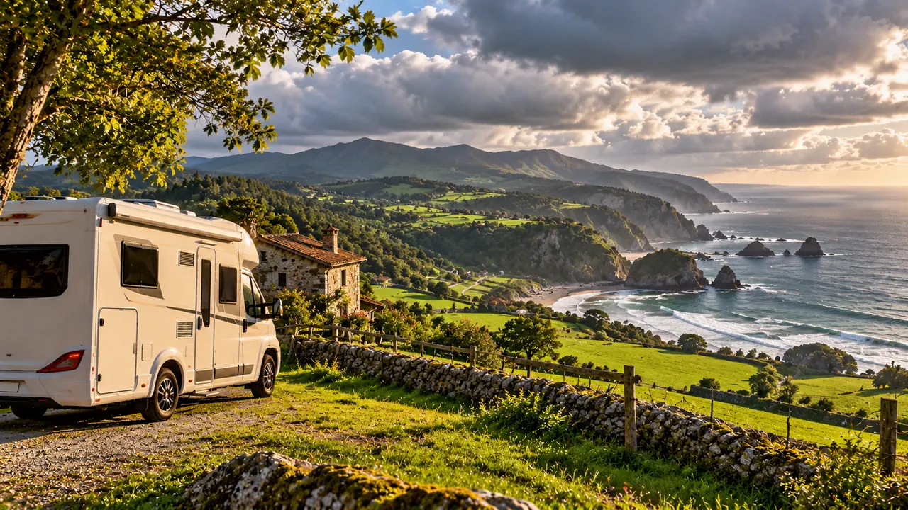 Wohnmobil auf grünen Wiesen über der kantabrischen Küste